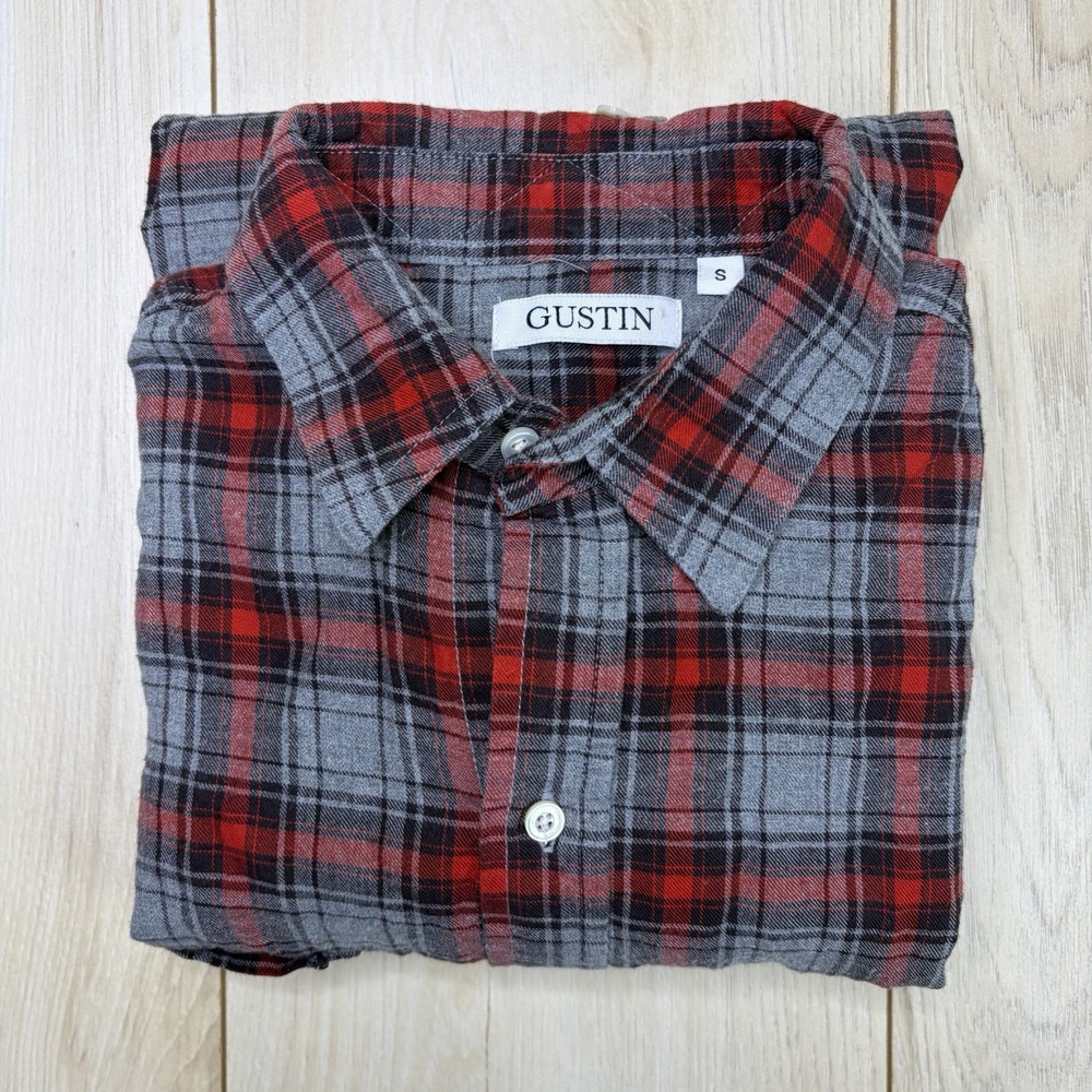 Gustin Button Down Plaid Shirt Mens Small Made In USA Cotton Pocket Red Gray